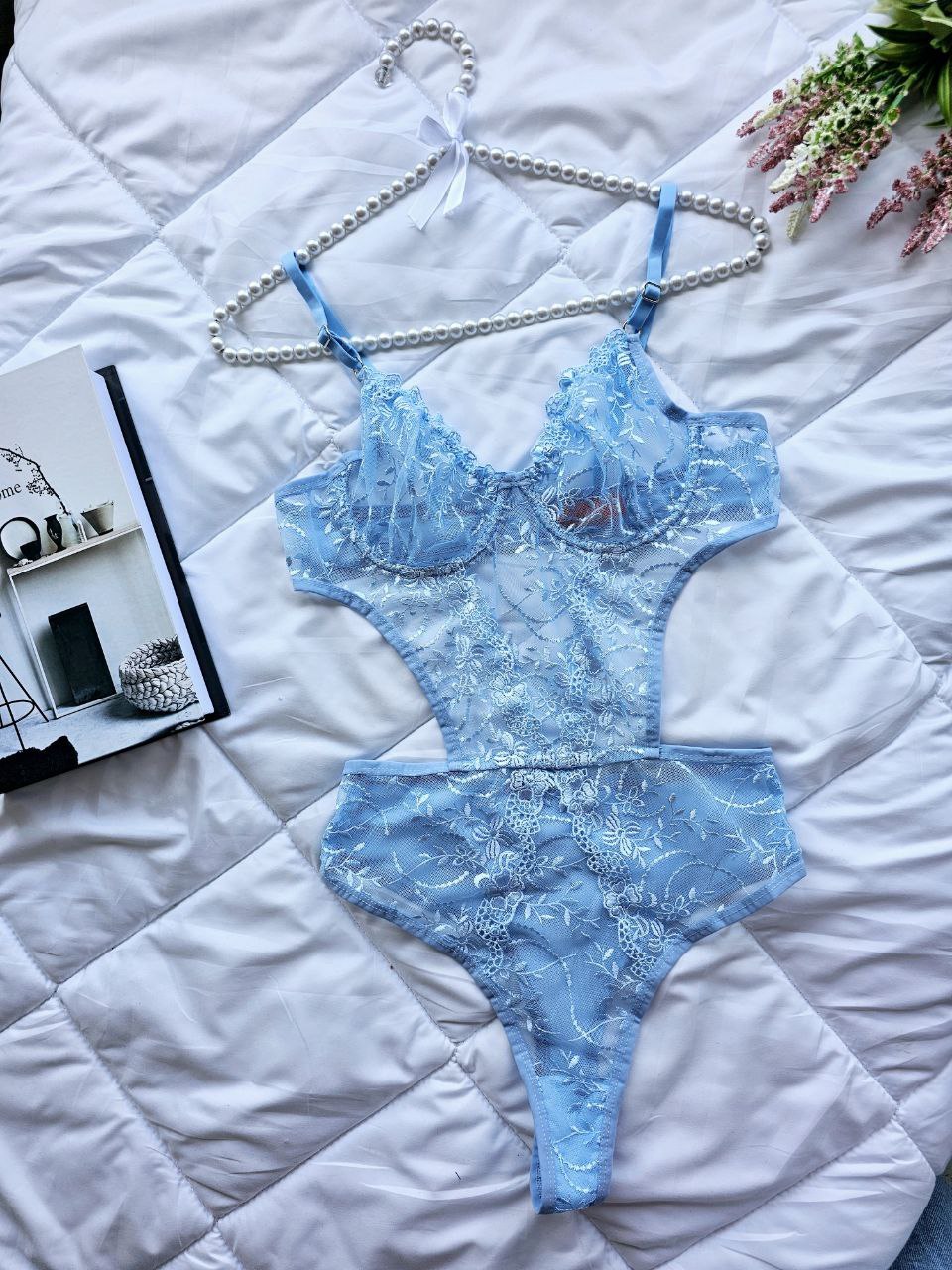 Fransız Dantelli Premıum Bodysuit Mavi